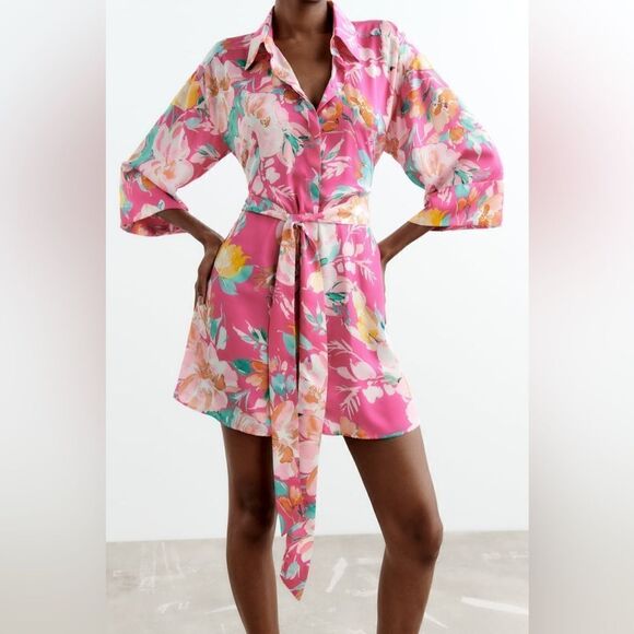 Zara PRINTED SATIN EFFECT SHIRTDRESS - Picture 9 of 9